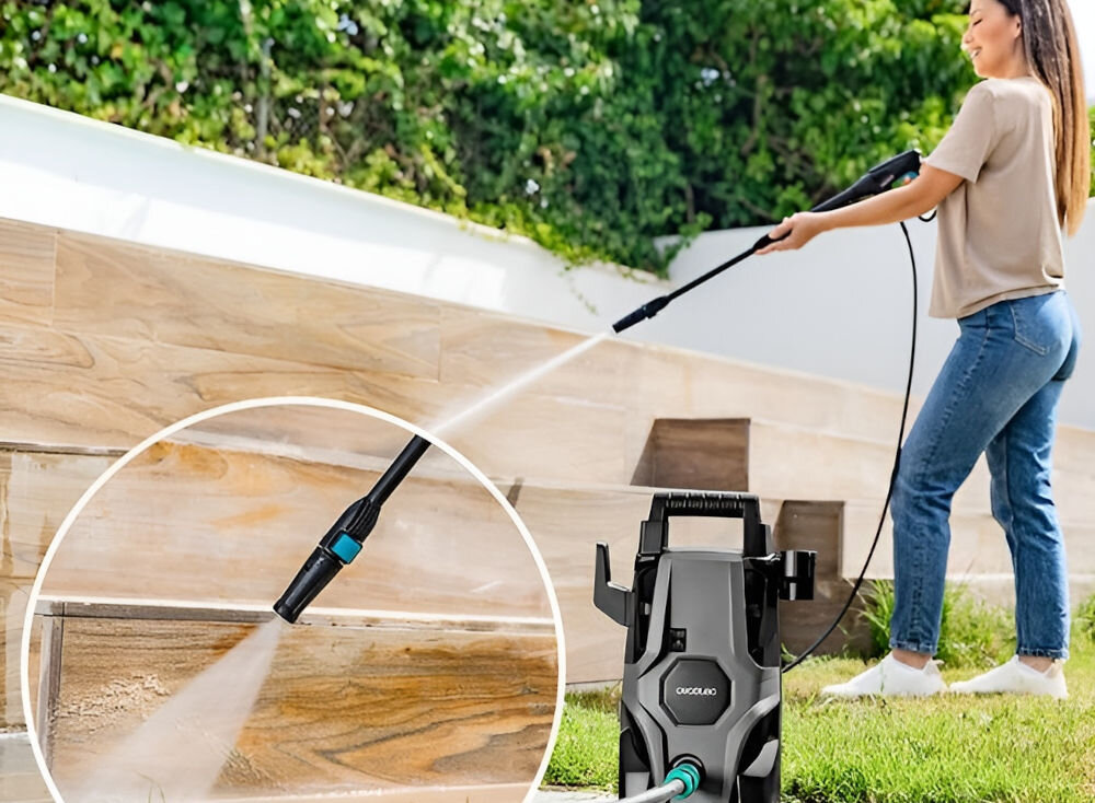 Myjka ciśnieniowa CECOTEC Hydroboost 1400 Essential silnik moc 1400 W ciśnienie 105 barów skuteczność czyszczenia zaschnięte błoto tłuste plamy uporczywe zabrudzenia ułatwienie codziennej pielęgnacji powierzchni szybkie efektywne sprzątanie minimalizacja zużycia wody i energii 