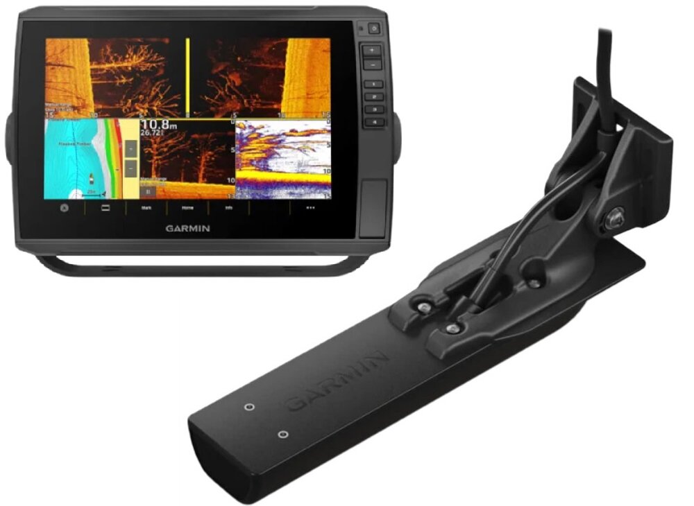 Echosonda wędkarska GARMIN Echomap Ultra 2 122SV z GPS i przetwornikiem GT56UHD-TM urządzenie na białym tle z uchwytem uchwyt uchylny z mechanizmem szybkiego odłączania osłona ochronna możliwość montażu na uchwycie pałąkowym lub wpuszczanym