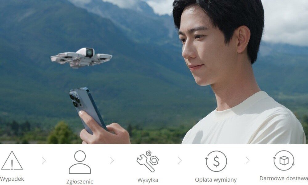 Ochrona DJI Care Refresh do Neo (24 miesiące) osoba trzymająca smartfon z dronem wiszącym w powietrzu obok zgłaszanie proces serwis