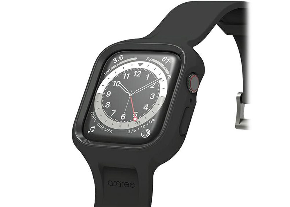 Etui ARAREE Duple Pro do Apple Watch 4/5/6/7/8/9/SE/SE 2 (44/45mm) Czarny Założony pasek do zegarka elastyczność obudowa pokrowiec zegarek zegar elastyczny pasek białe tło 