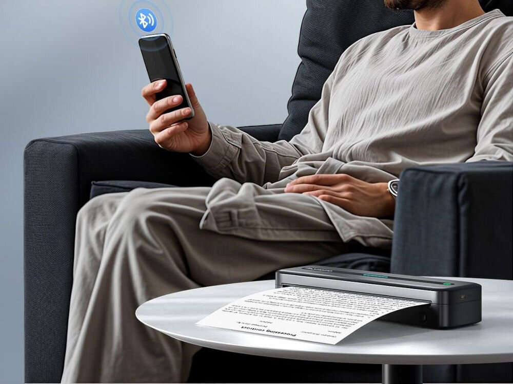 Drukarka PHOMEMO M832 Złącze USB czarny łatwa łączność z urządzeniami mobilnymi, smartfonami, tabletami za pomocą Bluetooth 4.0, kompatybilność z komputerami z systemem Windows 10 / 11, macOS, Android 4.0 lub nowszy oraz iOS 8.0 lub nowszy,
					w zestawie kabel USB-A / USB-C do podłączenia, drukarka na stoliku, mężczyzna siedzący na fotelu i trzymający telefon, nad którym widnieje ikonka bluetooth