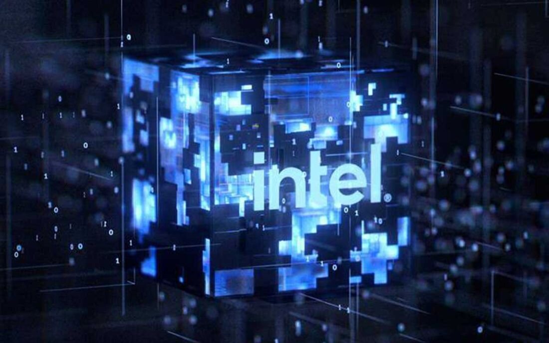 Logo Intela w formie świecącego niebieskiego sześcianu. - Procesor Intel Core HX 