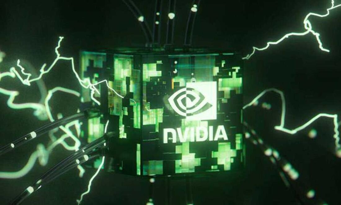 Logo NVIDIA w formie świecącego zielonego sześcianu. - AI i NVIDIA GeForce RTX z serii 40  