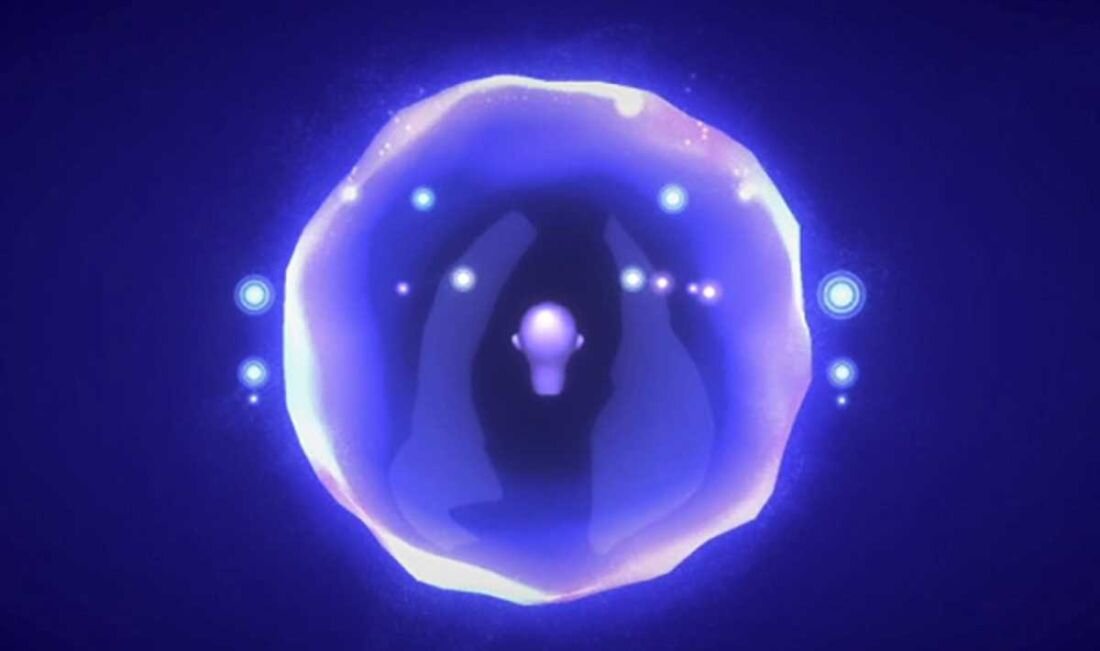 Niebieska świecąca kula z twarzą, emanująca tajemniczym blaskiem w ciemnym tle. - Technologia Dolby Atmos 