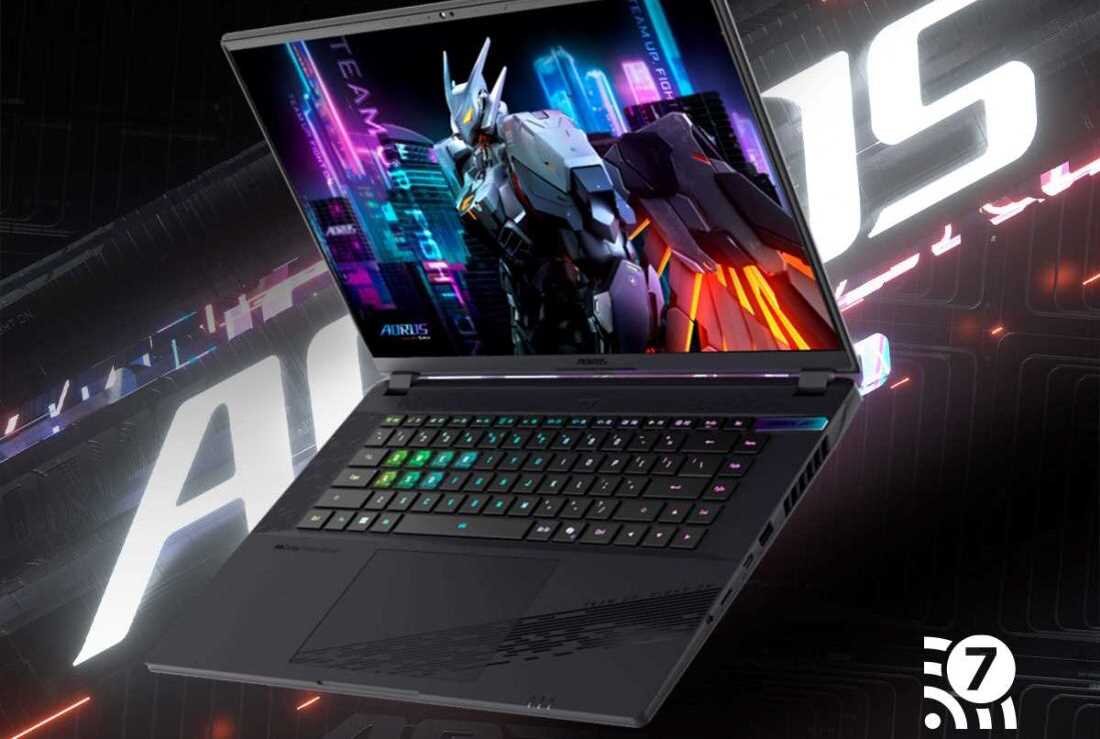 Laptop gamingowy GIGABYTE Aorus 16X, czarny z podświetleniem RGB, umieszczony na kolorowym tle Aorus.   - technologia Wi-Fi 7 