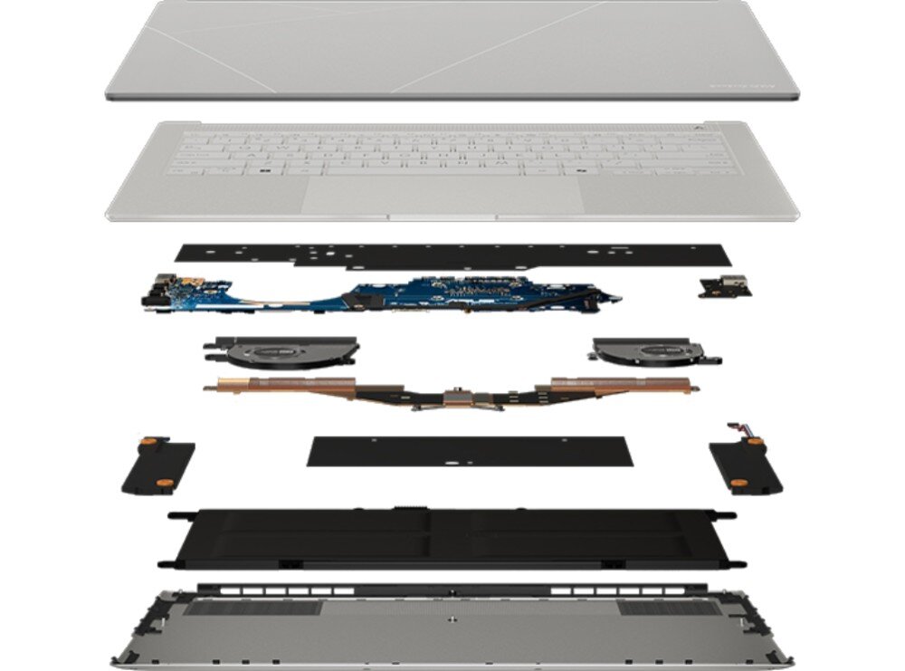 Laptop ASUS ZenBook S 14 UX5406SA-PV030W Widok rozłożonego na części laptopa, ukazujący warstwy jego wnętrza i komponenty wewnętrzne, chłodzenie, wentylatory