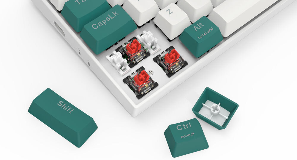 Klawiatura K678WG-RGB-PRO Singed komfort pisania i grania, 
					fabrycznie smarowanym, liniowym przełącznikom mechanicznym Redragon Red, płynne działanie, szybka odpowiedź
					na każde naciśnięcie klawisza, produkt na białym tle z trzema wyciągniętymi nakładkami klawiszy,
					widoczne przełączniki
