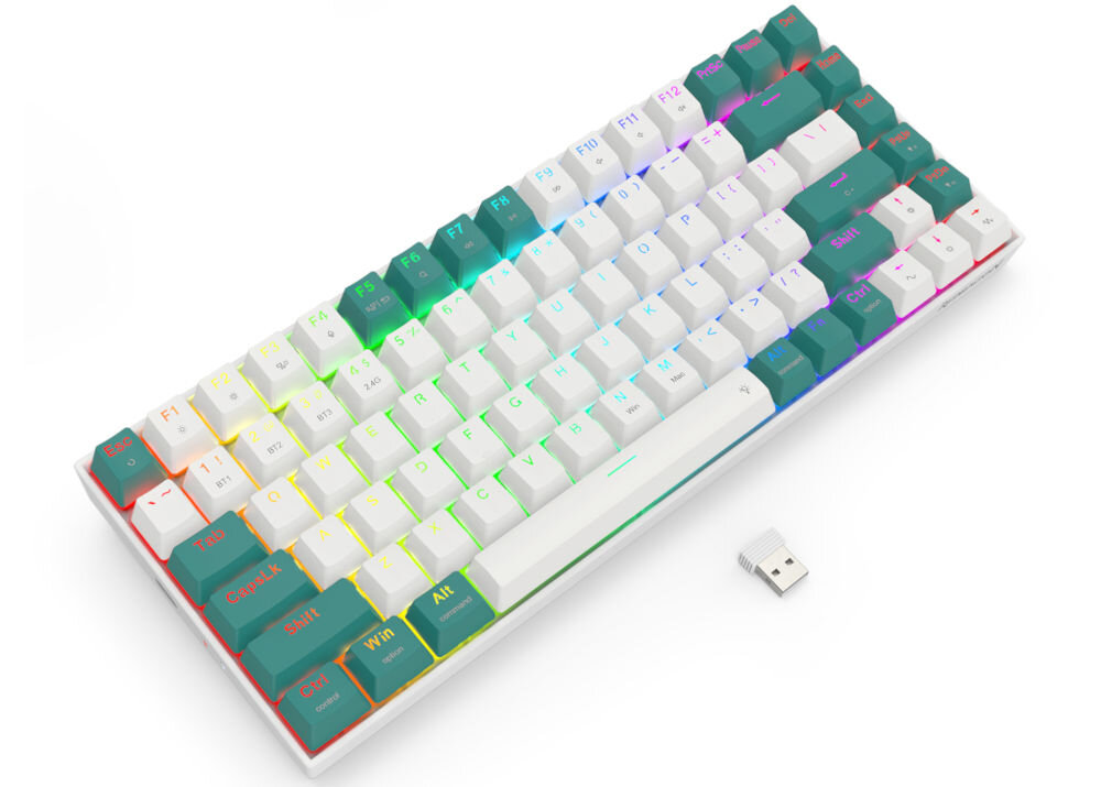 Klawiatura K678WG-RGB-PRO Singed 
					wytrzymałe klawisze PBT wykonane w technologii Double Injection PBT, połączenie bieli z zielonymi akcentami,
					produkt na białym tle