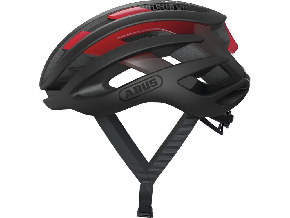 Kask rowerowy ABUS AirBreaker Czarno-czerwony Szosowy rozmiar M kask na białym tle widoczny z boku wydajna ochrona wentylacja bezpieczna jazda na szosie