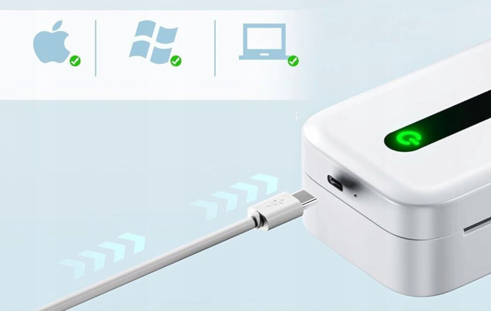 Drukarka PHOMEMO M832 Złącze USB biały łatwa łączność z urządzeniami mobilnymi, smartfonami, tabletami za pomocą Bluetooth 4.0, kompatybilność z komputerami z systemem Windows 10 / 11, macOS, Android 4.0 lub nowszy oraz iOS 8.0, lub nowszy,
					w zestawie kabel USB-A / USB-C do podłączenia, drukarka na niebieskim tle, logo Apple Windows, ikonka laptopa, zbliżenie na złącze USB-C, kabel zakończony wtyczką USB-C