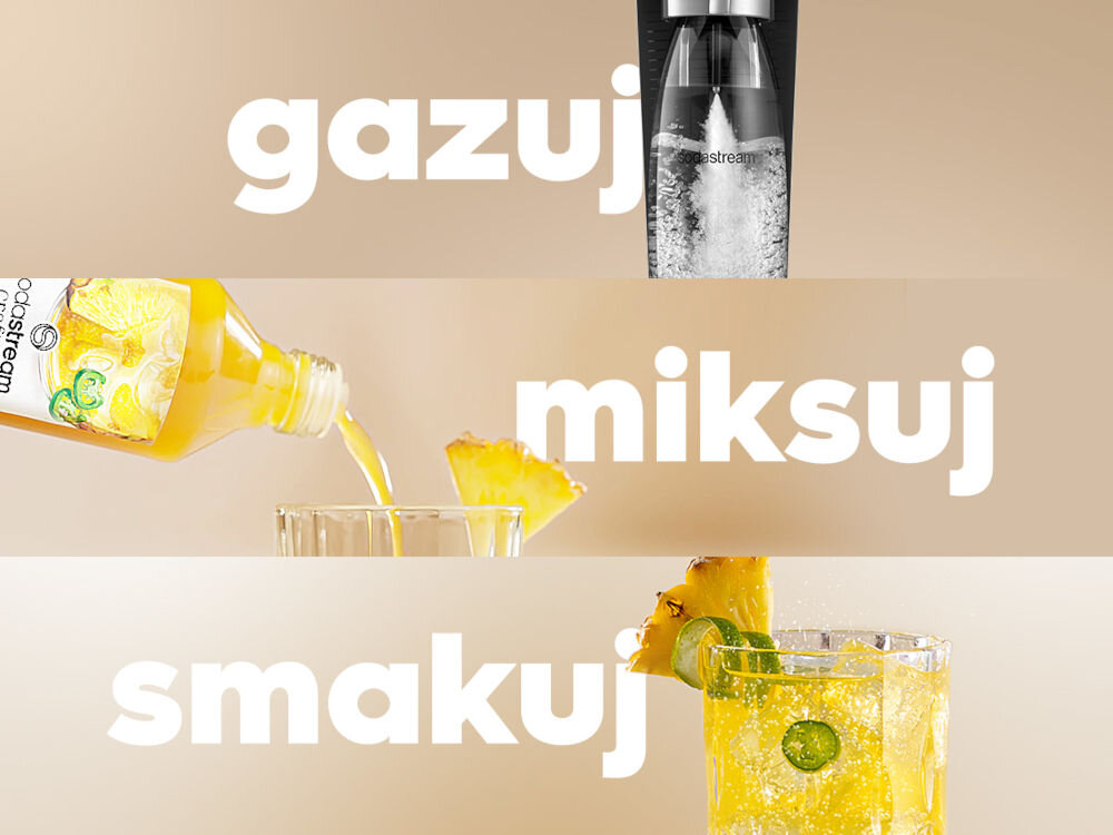 Syrop SODASTREAM Crafted Ananas i Jalapeno 330 ml gazuj napełnienie butelki zimną wodą nagazowanie bąbelkami miksowanie dodanie syropu  stworzenie moktajlu lub koktajlu smakowanie delektowanie się smakiem 