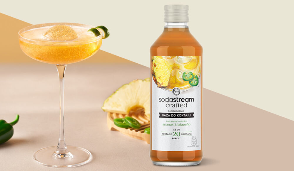 Syrop SODASTREAM Crafted Ananas i Jalapeno 330 ml nieoczywisty smak słodkie wytrawne kwasne nuty moktajle koktajle modne drinki owocowe lemoniady wiele odsłon zalecane proporcje  moktajl część bazy 10 części wody gazowanej koktajl część bazy 10 części wody gazowanej 2 części alkoholu  
