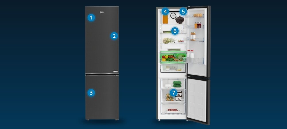 LODÓWKA BEKO B5RCNA406HXBR1 wizualizacja wnętrze wyposażenie punkty cechy Wyświetlacz elektroniczny Minimalistyczny design test wytrzymałościowy Oświetlenie LED Alarm dźwiękowy szuflady mrożenia półka na butelki