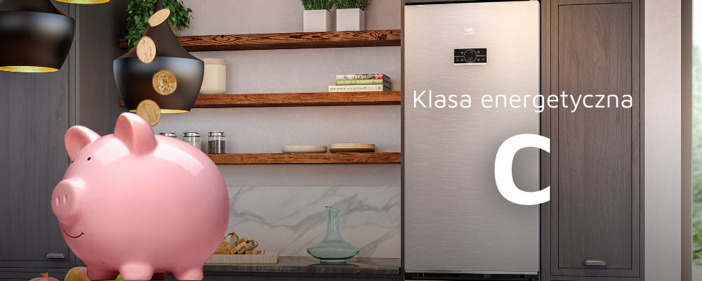 LODÓWKA BEKO B5RCNA406HXBR1 wizualizacja skarbonka świnka monety półki lodówka w tle dekoracje Klasa energetyczna C oszczędności skuteczne stabilne chłodzenie dłuższa świeżość kontrola wydatków