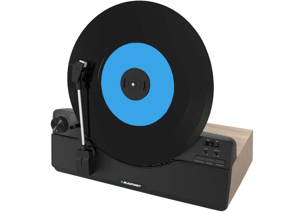Gramofon pionowy BLAUPUNKT VT100- Podłącz do zestawu, gramofon na białym tle po skosie