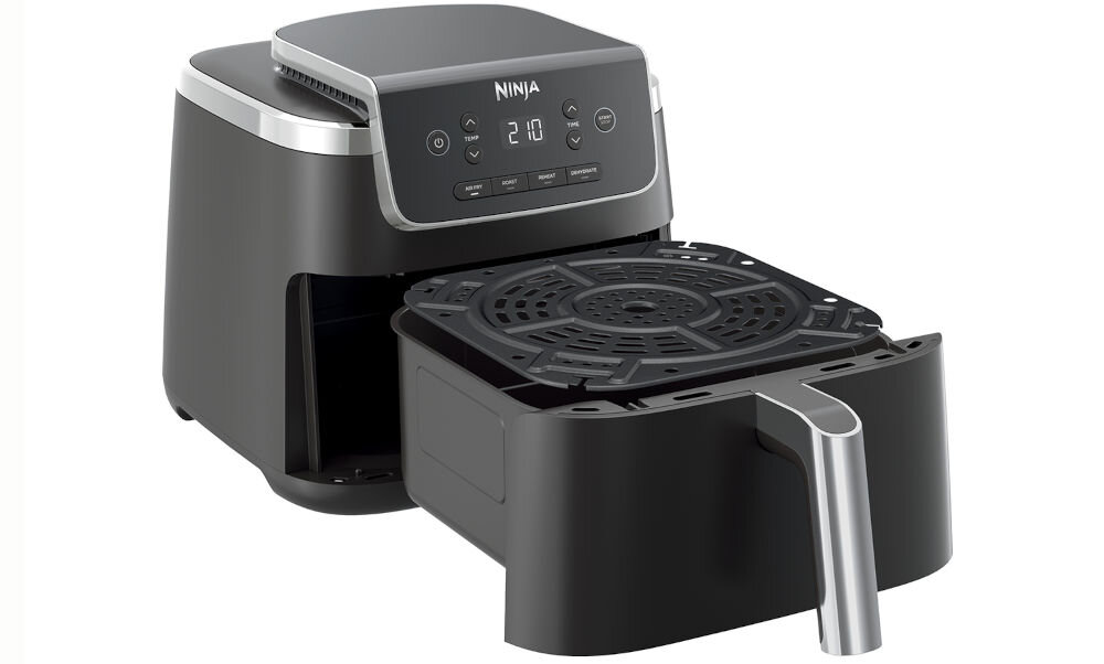 Air Fryer Frytkownica beztłuszczowa NINJA AF140EU frytkownica czarna obudowa otwarta szuflada kratka wyświetlacz przyciski białe tło automatyczne zatrzymuje gotowanie proste czyszczenie wyjmowana szuflada kratka z nieprzywierającą powłoką książka z przepisami źródło kulinarnych inspiracji 