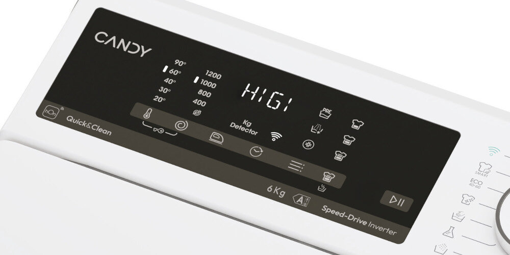 Pralka CANDY AI ProWash 500 TCA286TM5-S Wyświetlacz w języku polskim i praktyczny intuicyjny nawigacja design łatwe sterowanie wygląs styl estetyka