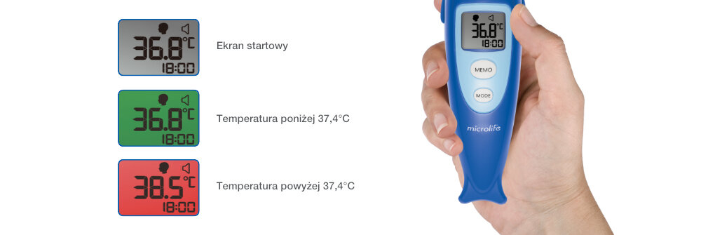 Termometr MICROLIFE NC400 Kolorowe podświetlenie wyniku Technologia Silent Glow™ kolor temperatura wynik