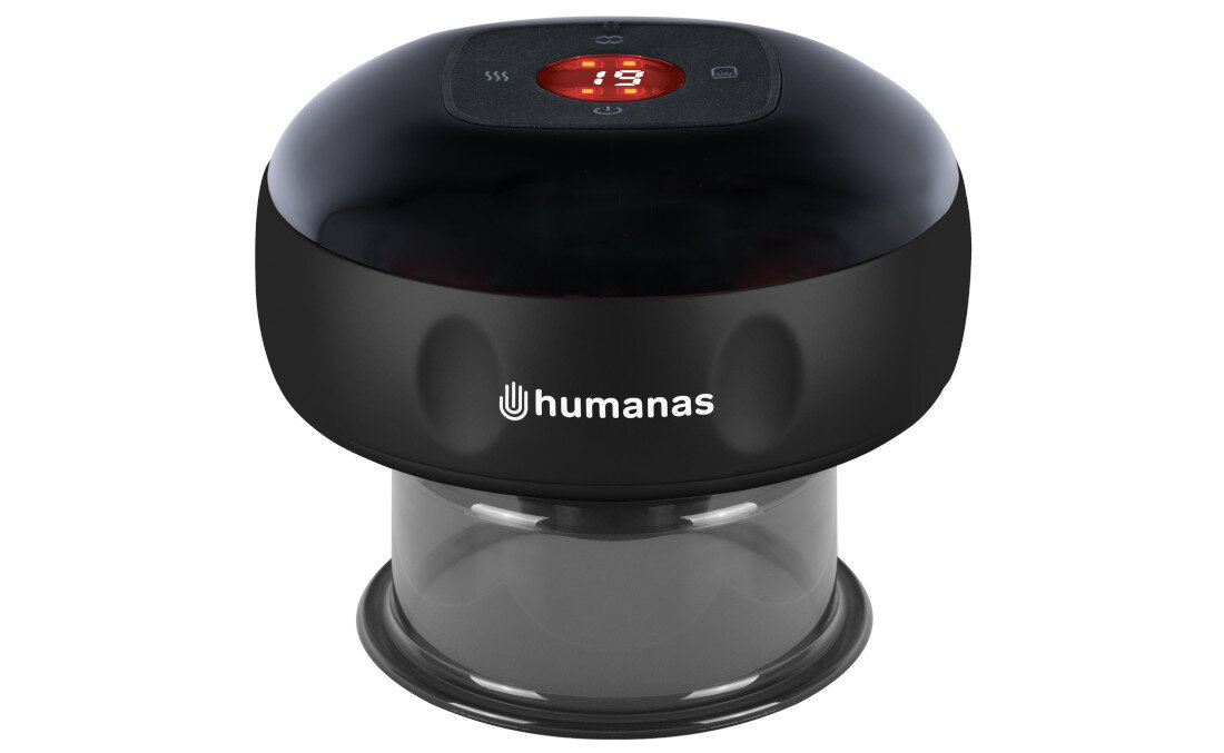 Masażer ręczny antycellulitowy HUMANAS BB01 Plus Czarny Bańka masująca Biały Twoje domowe SPA chińska medycyna technologia temperatura 3 nasadki 12-stopniowa regulacja mocy Relaksuje mięśnie poprawia krążenie krwi ujędrnia skórę Pilot zdalnego sterowania akumulator 