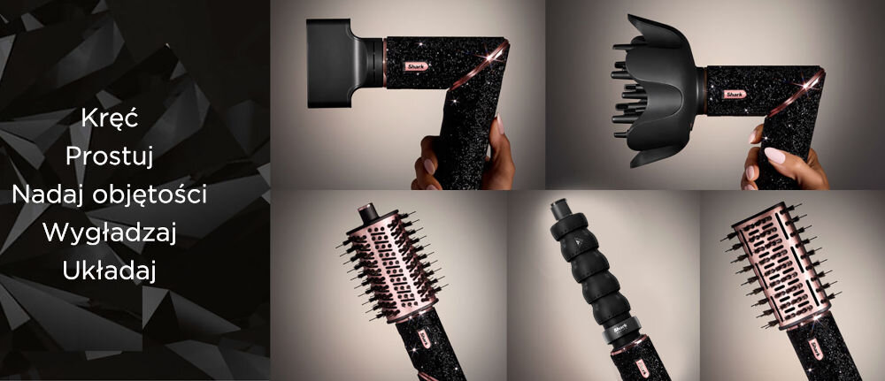 SHARK Flexstyle HD440JBEU Алмазний фен і бігуді Спеціальні насадки Різноманітне укладання волосся Завивка Додавання об’єму Згладження Моделювання Випрямлення шість типів кінчиків Широкий спектр можливостей Дивовижна зачіска та зовнішній вигляд насадки Салонна насадка робить бажану зачіску простим і швидким способом