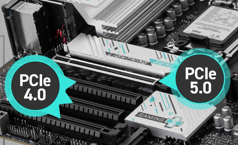 Płyta główna MSI B860M GAMING PLUS WIFI Zbliżenie na sloty PCIe z oznaczeniem obsługi PCIe 4.0 i PCIe 5.0. Wyraźne wskazanie na kompatybilność z kartami graficznymi i rozszerzeniami, interfejsy, wzmocnienie Steel Armor, karty rozszerzeń
