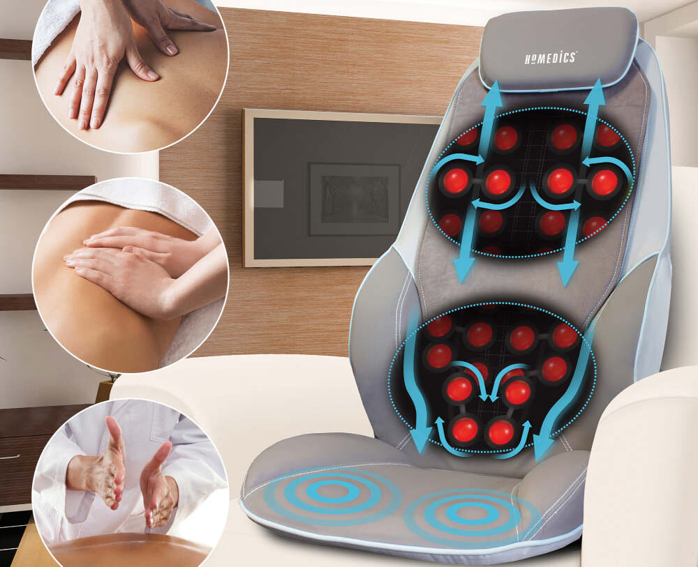 Mata masująca HOMEDICS CBS-1000-EU Funkcje masujące 4 rolki masujące 4 rodzaje masażu 12 funkcji masażu program Demo funkcja podgrzewania rolek temperatura