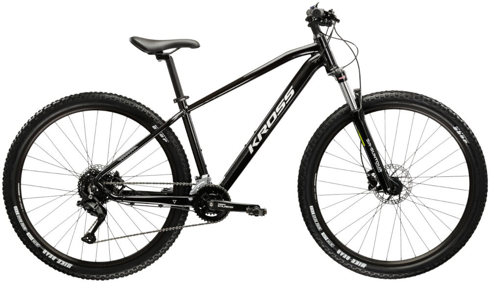 Rower górski MTB KROSS Hexagon 5.0 M15 27.5 cala męski Czarny rower na białym tle widoczny z boku specjalne gwinty możliwość przymocowania uchwytu na bidon
