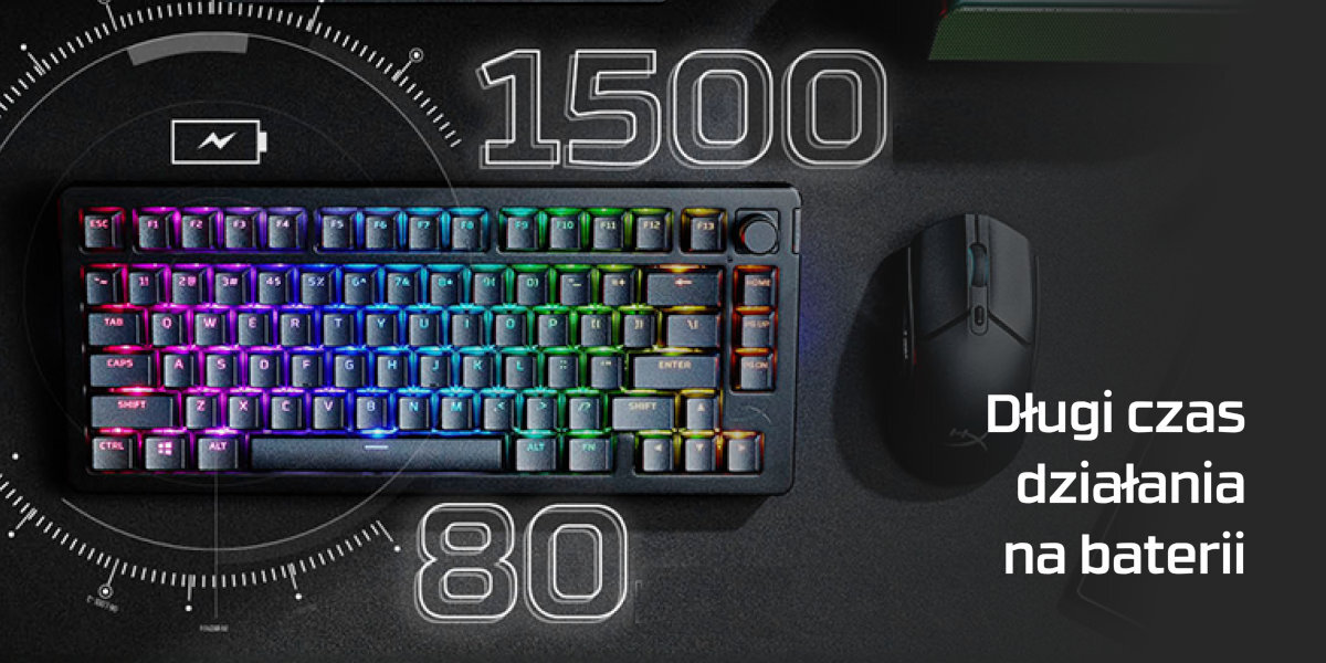 HYPERX Alloy Rise 75 Wireless 1500 godzin pracy na jednym ładowaniu podświetleniu RGB 80 godzin efektami świetlnymi