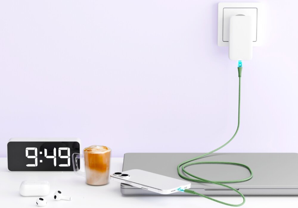Kabel QUALO Transparent ładuje smartfon    