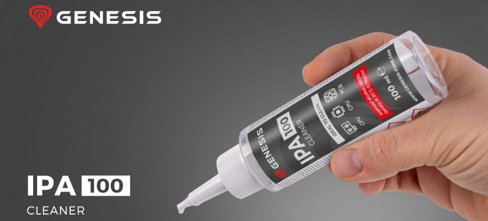 Płyn do odtłuszczania NATEC Genesis Ipa 100 Cleaner Alkohol izopropylowy 100 ml
							skuteczne odtłuszczanie, szare tło, logo producenta, nazwa produtku, produkt w dłoni