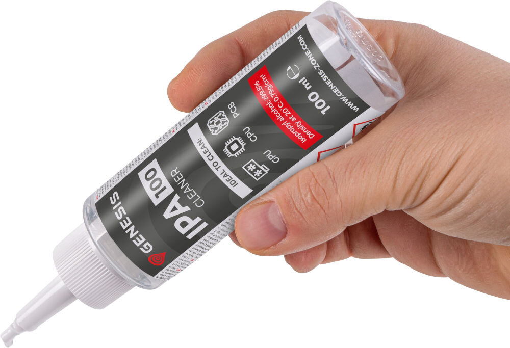 Płyn do odtłuszczania NATEC Genesis Ipa 100 Cleaner Alkohol izopropylowy 100 ml
					zastosowanie, oczyszczanie płytek PCB i procesorów, usuwanie pasty termoprzewodzącej z układów scalonych,
					konserwacja czytników optycznych i głowic audio / wideo, eliminacja smarów i wodoodpornych tłuszczy,
					produkt w dłoni na białym tle