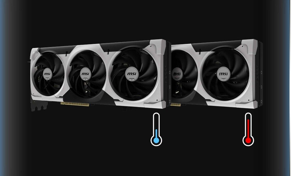 Karta graficzna MSI GeForce RTX 5090 Ventus 3X OC 32GB Dwie karty graficzne obok siebie na czarnym tle, z ikonami termometru w kolorze niebieskim i czerwonym pod każdą z nich, symbolizującymi temperaturę, funkcja Zero Frozr, głośność