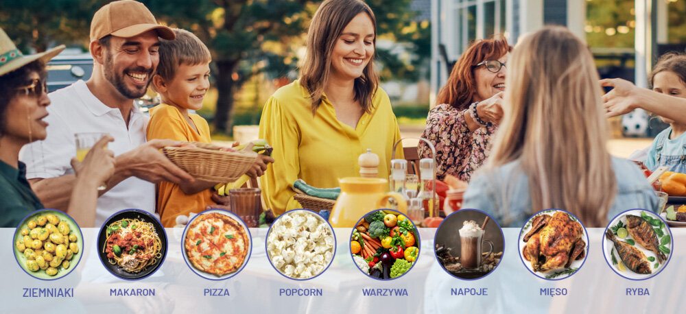 KUCHNIA MIKROFALOWA DAEWOO MD-FA202GB-EU zdjęcie wizualizacyjne Programy automatyczne rodzina dania potrawy talerze mięso ryby makaron popcorn ziemniaki pizza napoje