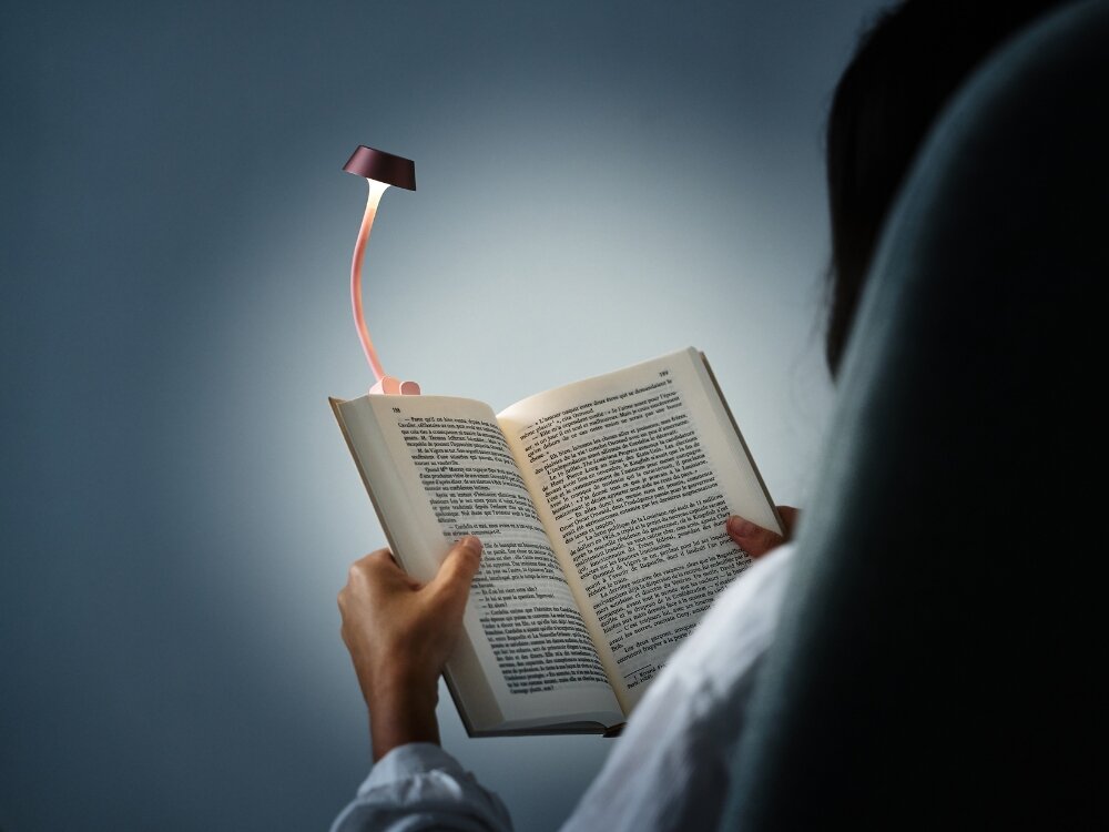 Lampka LED LEXON Mimi Jasnoróżowy
            osoba trzyma książkę wpięta lampka do codziennego oświetlenia stylowy design praktyczność elastyczne ramię klips na książce biurku półce do domu biura w podróży dobre światło