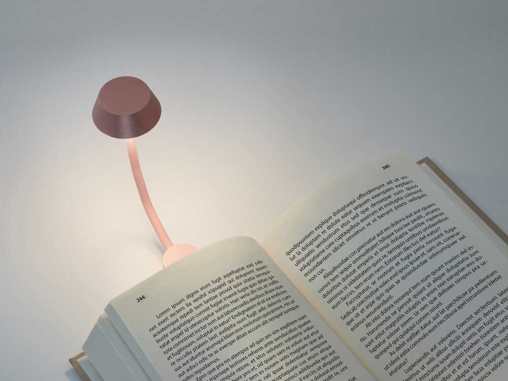 Lampka LED LEXON Mimi Jasnoróżowy
            lampka wpięta w książkę dołączona podstawka jako stojąca lampka nocna poręczna forma ustawienie przypięcie trzymanie w dłoni do 12 godzin bez przerwy na wieczorne czytanie jako nocne światło dla dzieci ładowanie przez kabel USB-A/USB-C trwa około 2 godzin