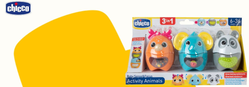 Zabawka edukacyjna CHICCO Baby Sense & Focus Zwierzaki Aktywizaki 00012154000000
					marka z doświadczeniem i długoletnią tradycją, która oferuje rozwiązania, które nie tylko bawią, 
					ale także wspierają rozwój dziecka i upraszczają codzienne życie,
					biało-żółte tło, produkt w opakowaniu, logo producenta