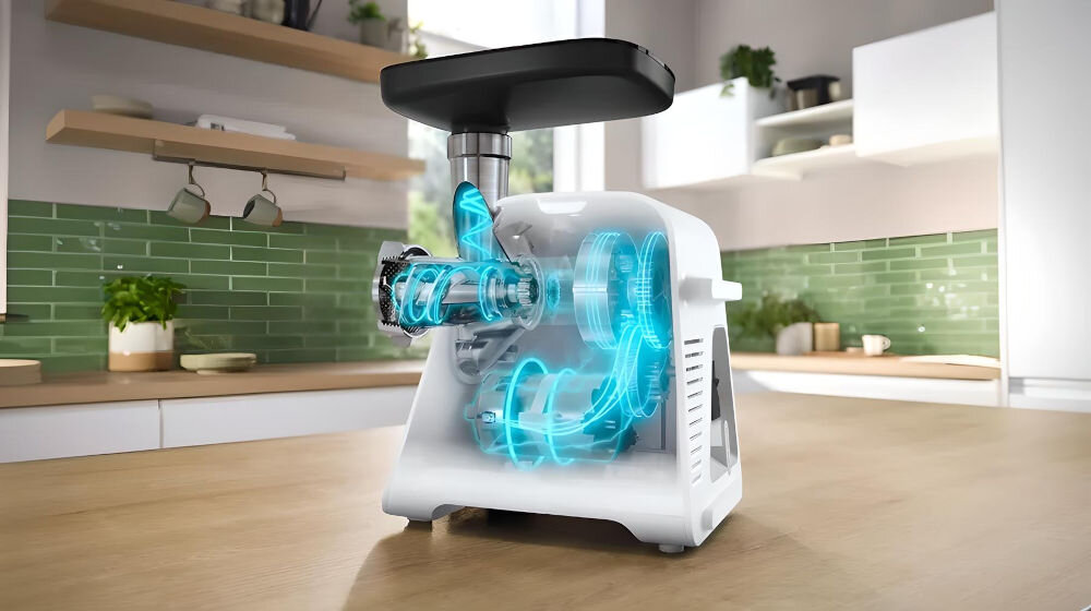 Maszynka do mięsa BOSCH MFWS607W maszynka stojąca na blacie tło kuchenne na niebiesko oznaczone komponenty wewnątrz maszyny przekładnia planetarna trwałość stabilność intensywne długotrwałe użytkowanie efektywne przenoszenie dużej mocy kompaktowe wymiary sprzętu do małych kuchni oszczędność miejsca wydajność 