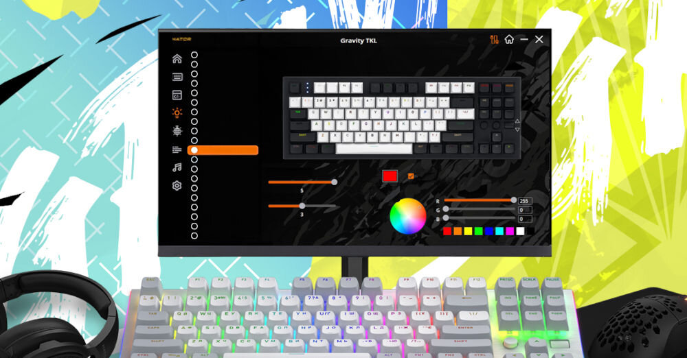Klawiatura HATOR Gravity TKL HTK561
					możliwość personalizacji, dedykowane oprogramowanie umożliwiające tworzenie i zapisywanie makr oraz ustawień,
					klawiatura, ekran monitora z włączonym oprogramowaniem