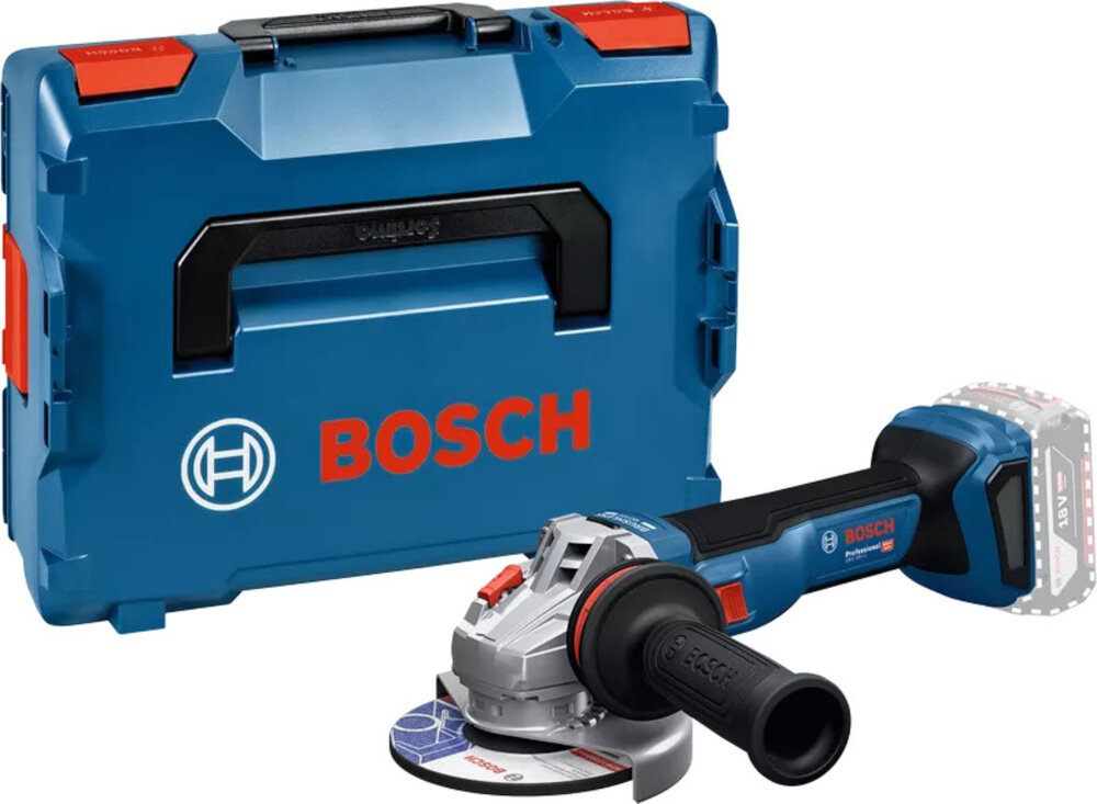Szlifierka kątowa BOSCH Professional GWS 18V-11 06019N4102 zestaw na białym tle w zestawie szlifierka osłona walizka L-BOXX 136 szybkozaciskowa nakrętka mocująca kołnierz mocujący rękojeść dodatkowa dokumentacja