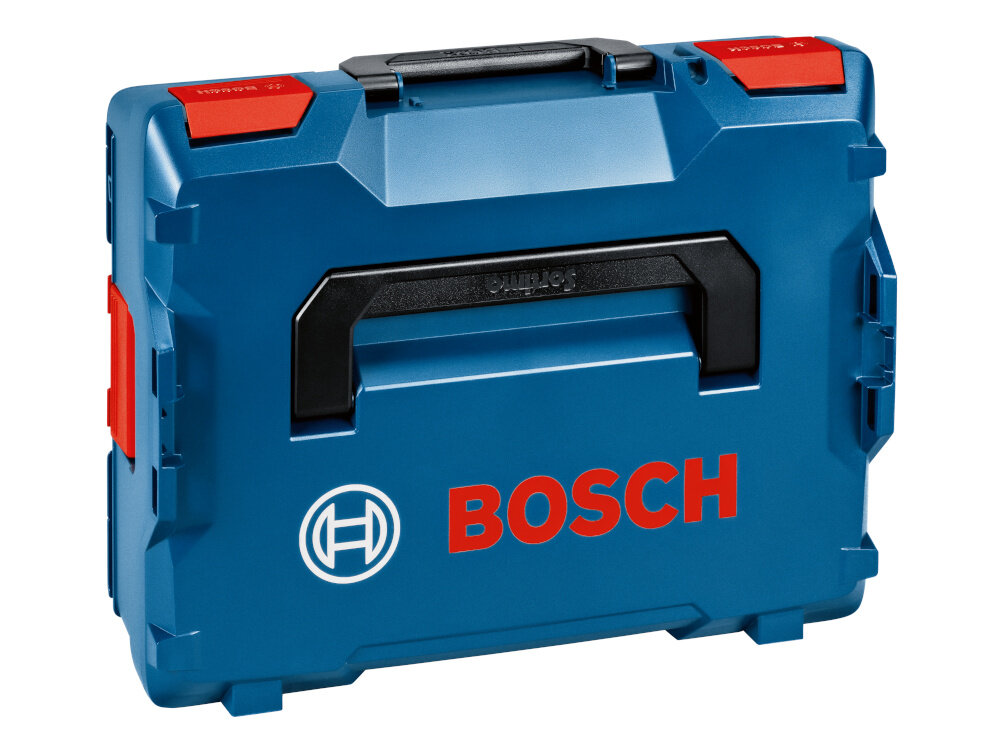 Szlifierka kątowa BOSCH Professional GWS 18V-11 S 06019N4002 otwarta walizka ze szlifierką w środku zdjęcie na białym tle wysokiej klasy elektronarzędzie walizka transportowa L-BOXX 136 zabezpiecza sprzęt podczas przenoszenia i transportu z niezwykle twardego i wytrzymałego tworzywa sztucznego wysoka odporność na uderzenia