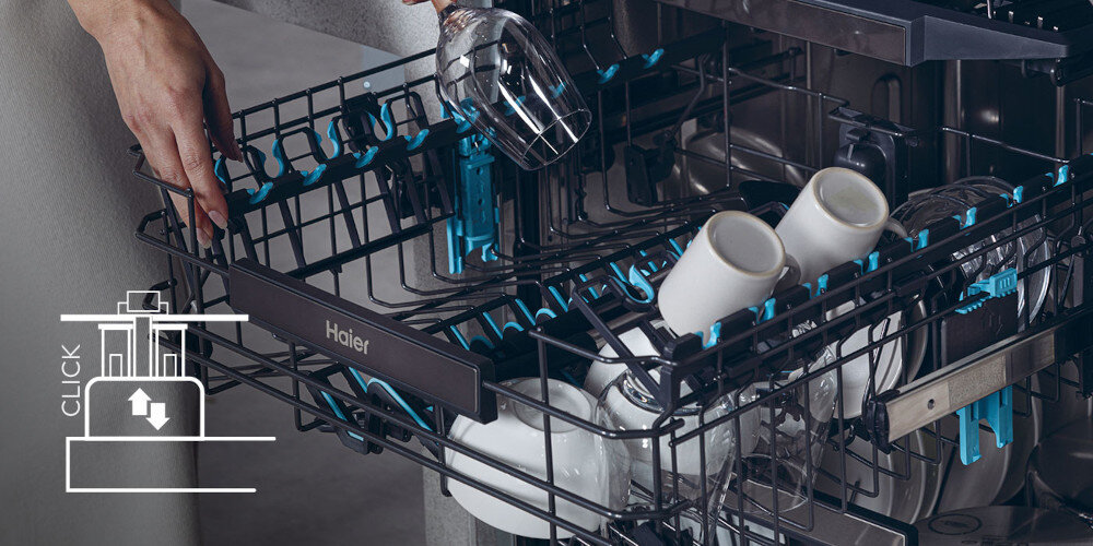ZMYWARKA HAIER I-PRO SHINE XF 4A4M4PX AI SMART zdjęcie lifestyle otwarta kosz naczynia szkło miseczki kieliszki uchwyty Regulacja górnego kosza 