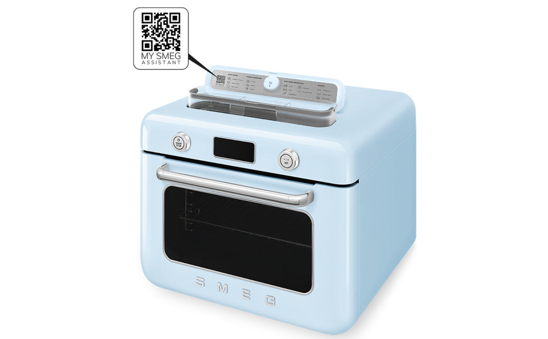 Piekarnik SMEG COF01PBEU Błękitny Dostęp do przepisów z My Smeg Assistant Kod QR platforma My Smeg Assistant przewodniki, instrukcje i przepisy