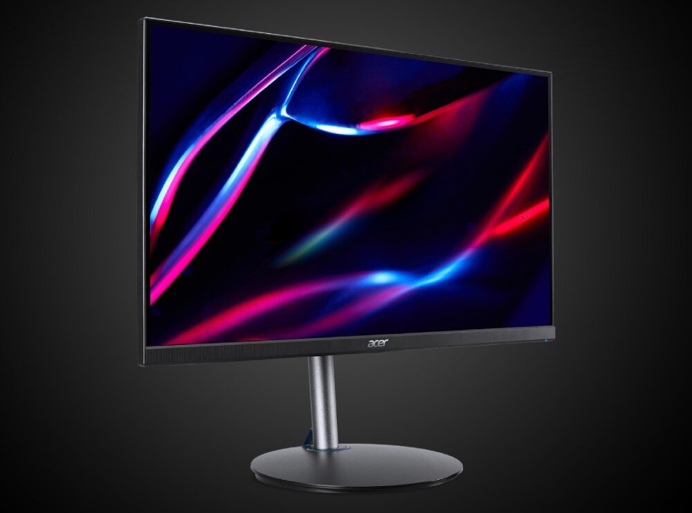 Monitor ACER Nitro XF273UX Widok z boku na monitor z cienkimi ramkami, podświetlonym ekranem i okrągłą podstawą na tle ciemnego tła, opis