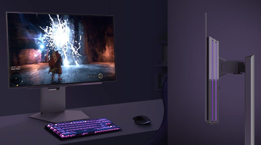 Monitor LG UltraGear 27GX790A-B.AEU Monitor na biurku wyświetlający grę fantasy z postacią przed rozbłyskiem światła. Obok widok z boku tego samego monitora, ukazujący podświetlenie LED wzdłuż tylnej części obudowy, ramka, konstrukcja, regulacja, podstawa