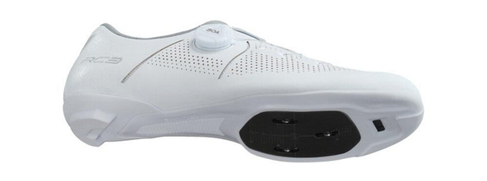 Buty rowerowe SHIMANO SH-RC302 Biały rozmiar 37 but na białym tle widoczny od spodu zintegrowana bezszwowa podeszwa środkowa nylonowa podeszwa wzmocniona włóknem szklanym lepiej stabilizuje stopę pełna kontrola podczas jazdy w wysokim tempie