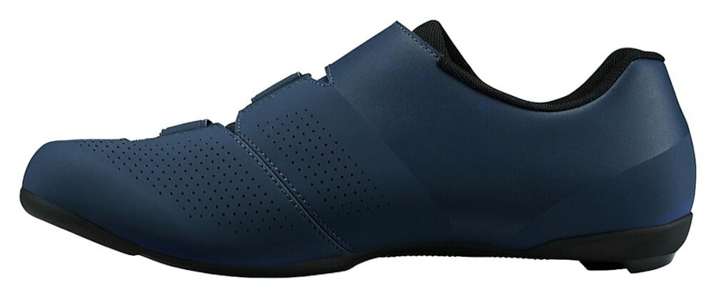 Buty rowerowe SHIMANO SH-RC102 Granatowy rozmiar 45 but widoczny z boku technologia DYNALAST autonomicznie zaprojektowane kopyto eliminację zakrzywienia lepsze dopasowanie buta do naturalnego kształtu stopy pięta jest głębiej osadzona w bucie