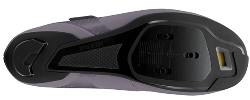 Buty rowerowe SHIMANO SH-RC102 Fioletowy rozmiar 38 but na jasnym tle widoczny od spodu platforma do mocowania bloków w systemie SPD-SL umożliwia wpięcie buta w pedały zmaksymalizowanie kręcenia korbą stabilna jazdę na stojąco bezpieczny efektywny trening
