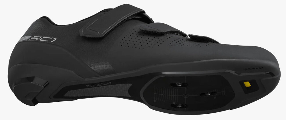 Buty rowerowe SHIMANO SH-RC102 Czarny rozmiar 40 but widoczny od spodu anatomiczna konstrukcja bardzo dobre dopasowanie do stopy otulający wierzch krótki język z syntetycznej skóry z siatkową powierzchnią odpowiednia wentylacja
