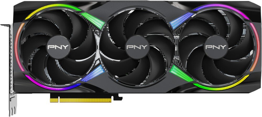 Karta graficzna PNY GeForce RTX 5090 ARGB OC 32GB Widok na kartę z góry, eksponujący trzy wentylatory oraz system podświetlenia ARGB rozmieszczony wokół nich, chłodzenie, wentylatory