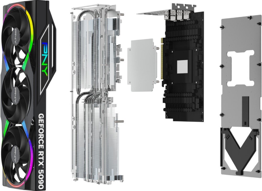 Karta graficzna PNY GeForce RTX 5090 ARGB OC 32GB Karta przedstawiona w rozłożonej formie, ukazująca poszczególne elementy: obudowę z wentylatorami, radiator, płytę PCB oraz metalowy backplate, budowa, otwory wentylacje